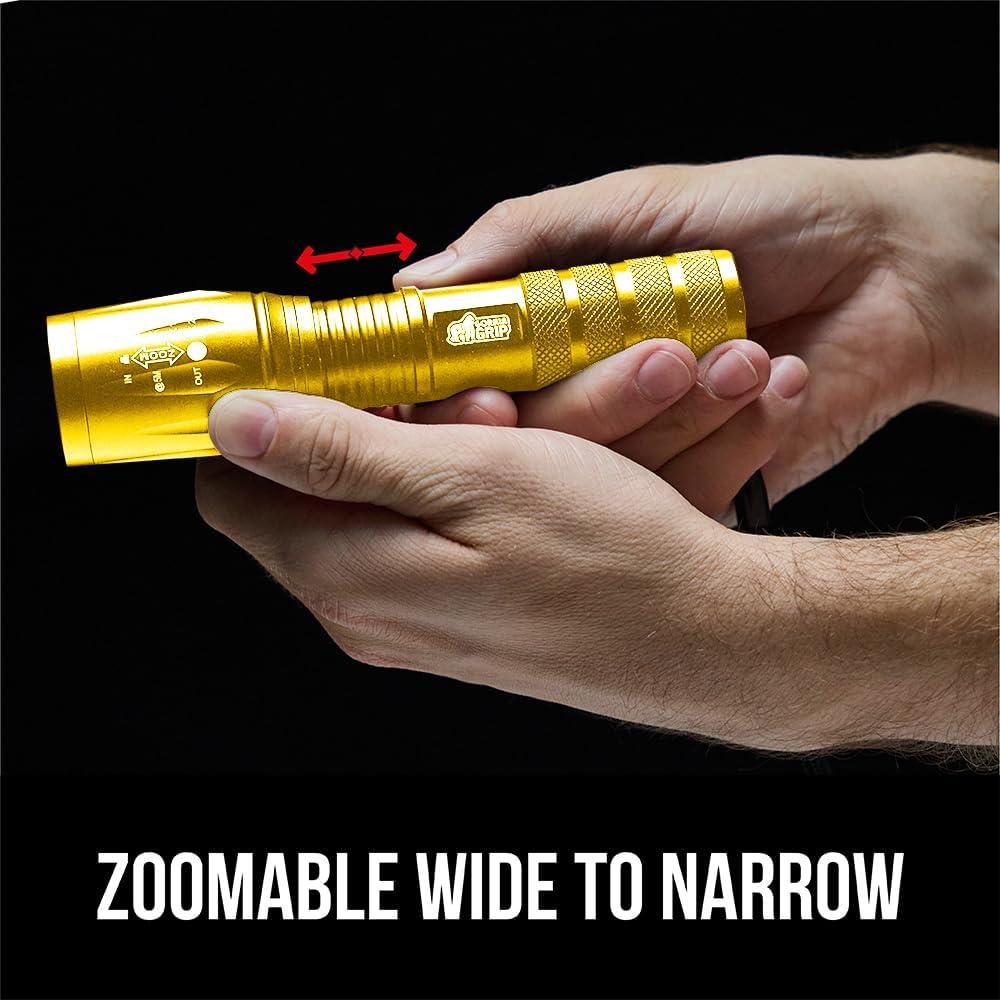 imageGORILLA GRIP Powerful LED Tactical Flashlight 750 FT High Lumens 5 Adjustable Modes Water Resistant Ultra Bright Zoom Flashlights Small Mini Flash Light Camping Night Dog Walking TurquoiseYellow Gold