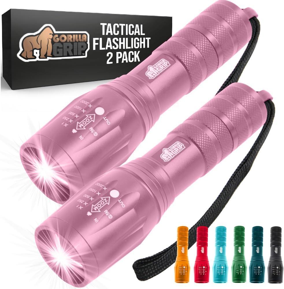 imageGORILLA GRIP Powerful LED Tactical Flashlight 750 FT High Lumens 5 Adjustable Modes Water Resistant Ultra Bright Zoom Flashlights Small Mini Flash Light Camping Night Dog Walking TurquoisePink
