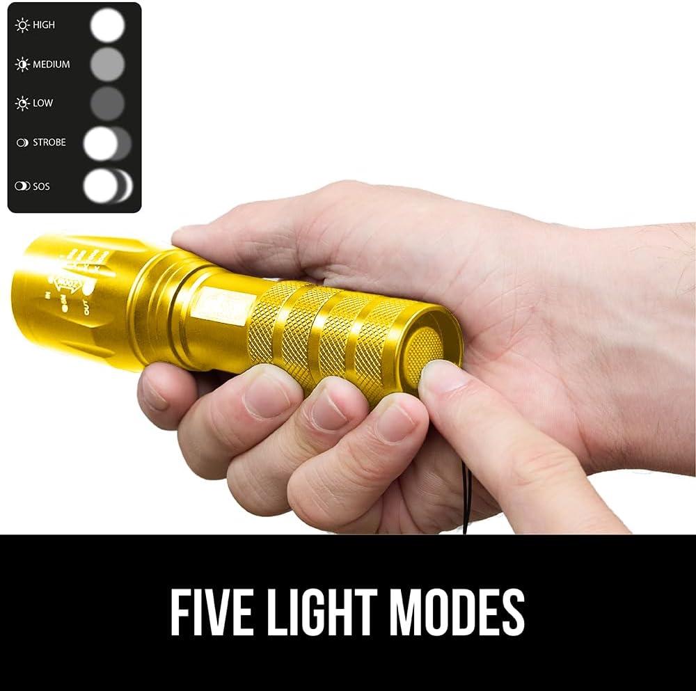 imageGORILLA GRIP Powerful LED Tactical Flashlight 750 FT High Lumens 5 Adjustable Modes Water Resistant Ultra Bright Zoom Flashlights Small Mini Flash Light Camping Night Dog Walking TurquoiseYellow Gold