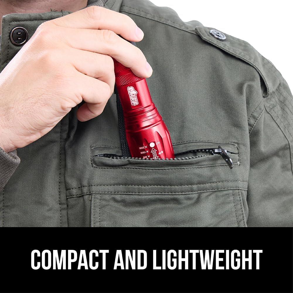 imageGORILLA GRIP Powerful LED Tactical Flashlight 750 FT High Lumens 5 Adjustable Modes Water Resistant Ultra Bright Zoom Flashlights Small Mini Flash Light Camping Night Dog Walking TurquoiseRed