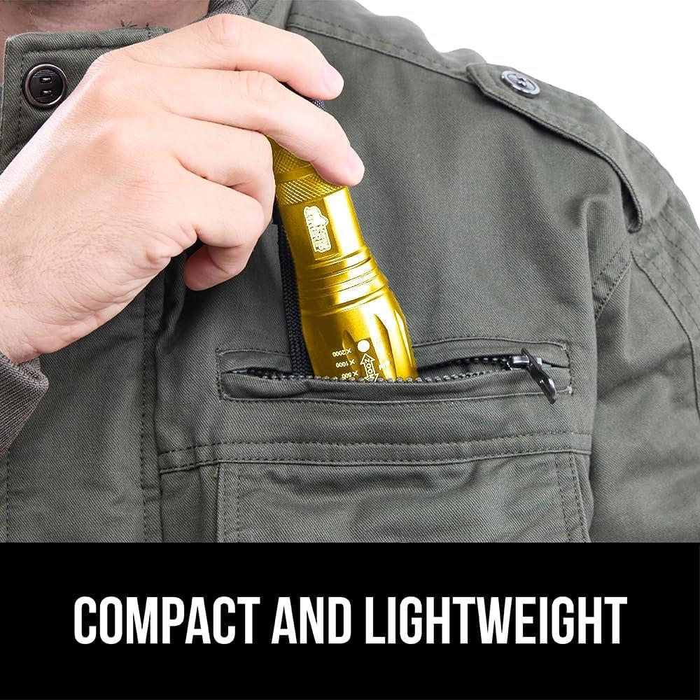 imageGORILLA GRIP Powerful LED Tactical Flashlight 750 FT High Lumens 5 Adjustable Modes Water Resistant Ultra Bright Zoom Flashlights Small Mini Flash Light Camping Night Dog Walking TurquoiseYellow Gold