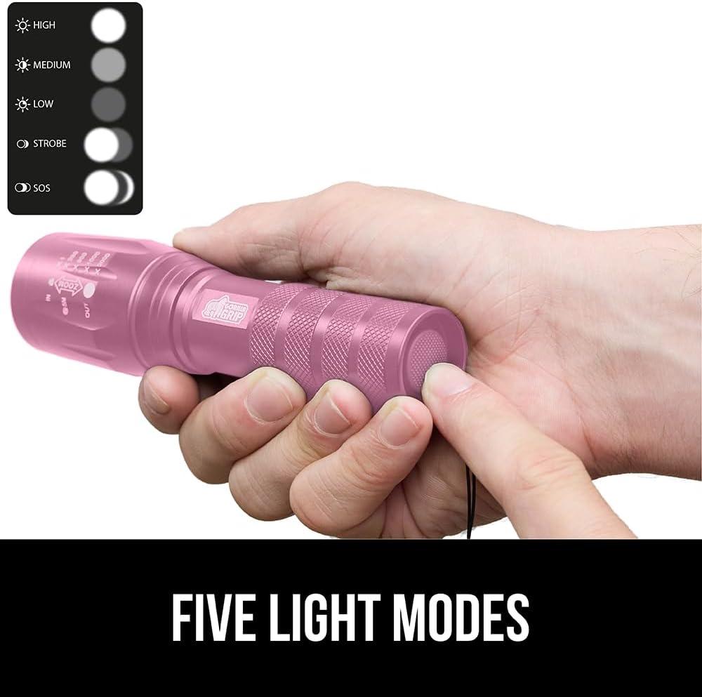 imageGORILLA GRIP Powerful LED Tactical Flashlight 750 FT High Lumens 5 Adjustable Modes Water Resistant Ultra Bright Zoom Flashlights Small Mini Flash Light Camping Night Dog Walking TurquoisePink