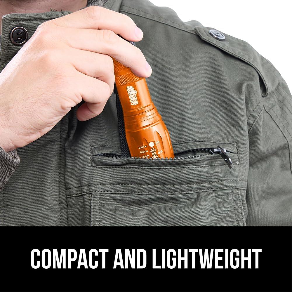 imageGORILLA GRIP Powerful LED Tactical Flashlight 750 FT High Lumens 5 Adjustable Modes Water Resistant Ultra Bright Zoom Flashlights Small Mini Flash Light Camping Night Dog Walking TurquoiseOrange