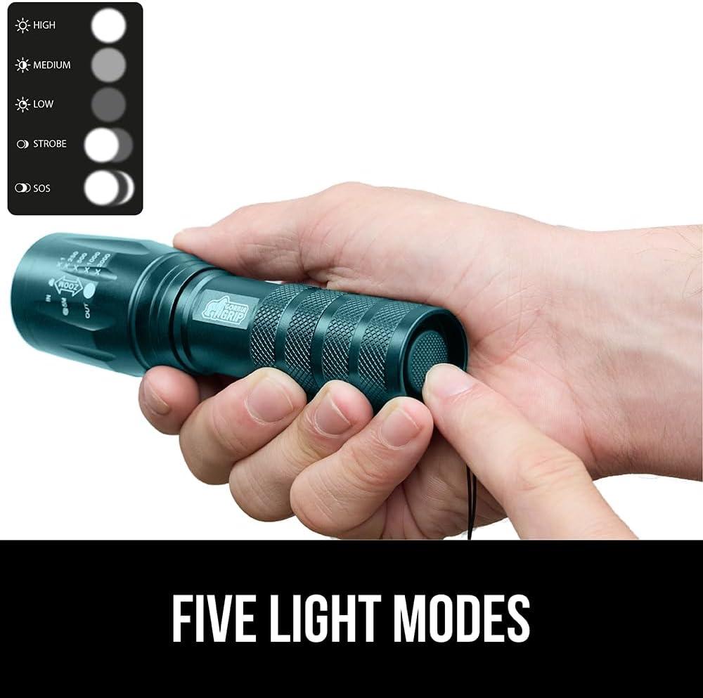 imageGORILLA GRIP Powerful LED Tactical Flashlight 750 FT High Lumens 5 Adjustable Modes Water Resistant Ultra Bright Zoom Flashlights Small Mini Flash Light Camping Night Dog Walking TurquoiseTeal Blue