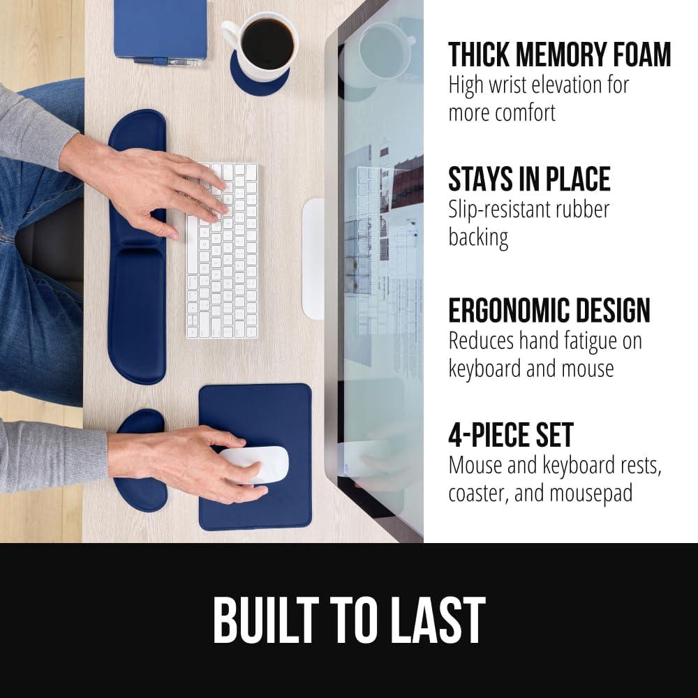 imageGORILLA GRIP Silky Memory Foam Keyboard Wrist Rest and Mouse Pad for Computer Ergonomic Typing Support Desk Office Supplies and Gaming Accessories Hand amp Arm Mousepad Cushions and Coaster Set BlackNavy Blue
