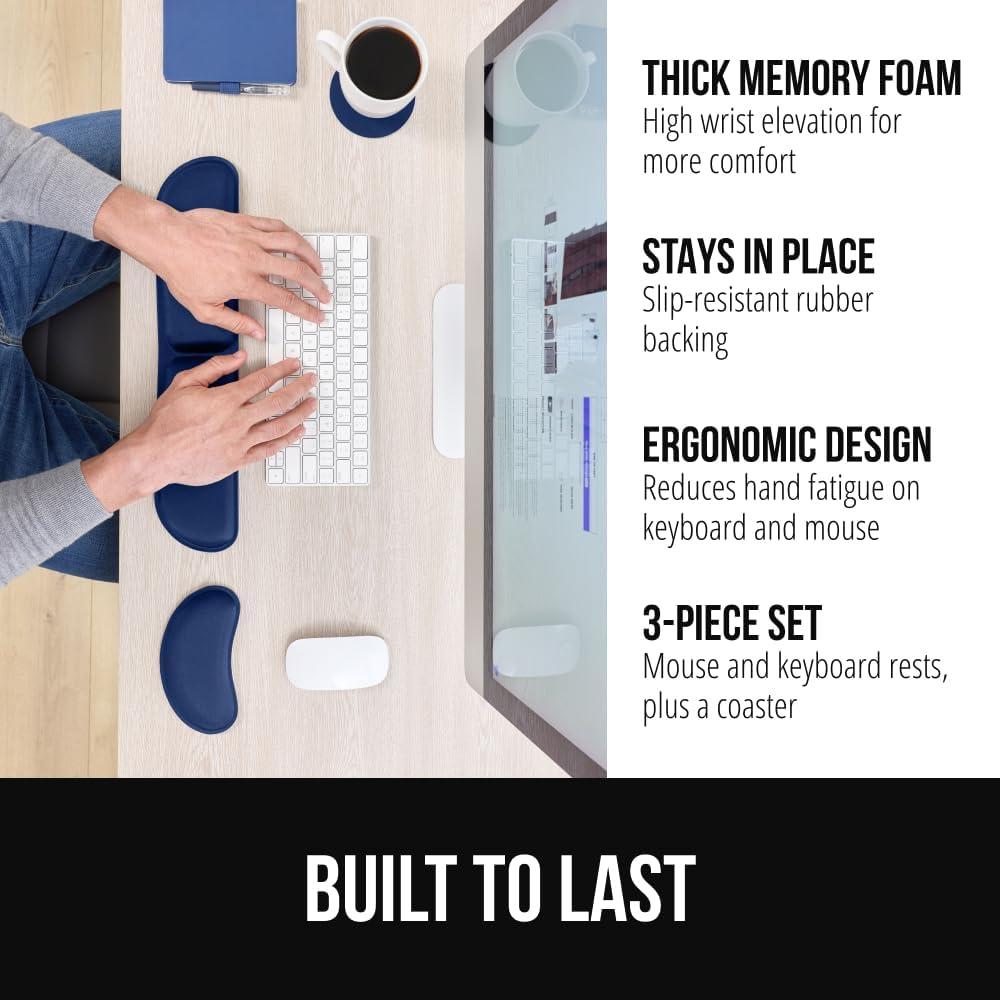 imageGORILLA GRIP Silky Memory Foam Keyboard Wrist Rest and Mouse Pad for Computer Ergonomic Typing Support Desk Office Supplies and Gaming Accessories Hand amp Arm Mousepad Cushions and Coaster Set BlackNavy Blue