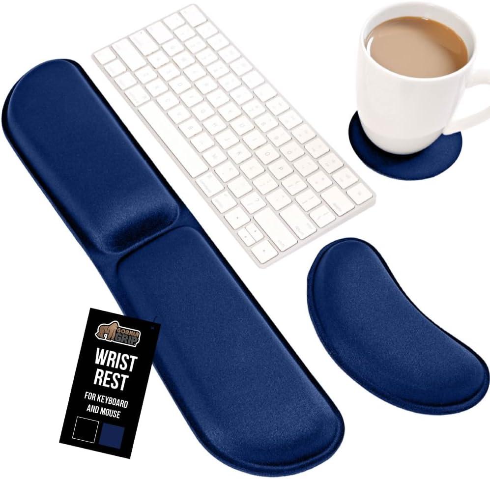 imageGORILLA GRIP Silky Memory Foam Keyboard Wrist Rest and Mouse Pad for Computer Ergonomic Typing Support Desk Office Supplies and Gaming Accessories Hand amp Arm Mousepad Cushions and Coaster Set BlackNavy Blue