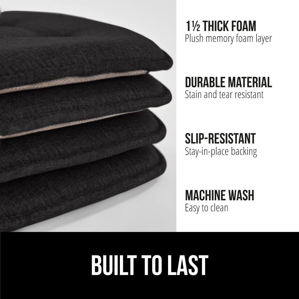 imageGORILLA GRIP Slip Resistant Chair Cushions No Ties Required Memory Foam Pads for Dining Room Kitchen Table Office Rocking Chairs Plush Seat Cover Cushion Pad Home Decor Set of 4 16x16 GreyBlack