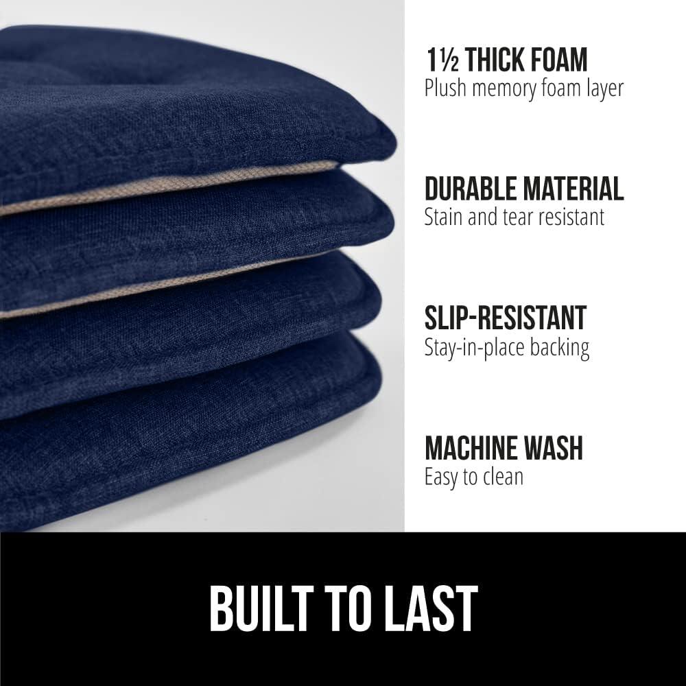 imageGORILLA GRIP Slip Resistant Chair Cushions No Ties Required Memory Foam Pads for Dining Room Kitchen Table Office Rocking Chairs Plush Seat Cover Cushion Pad Home Decor Set of 4 16x16 GreyNavy