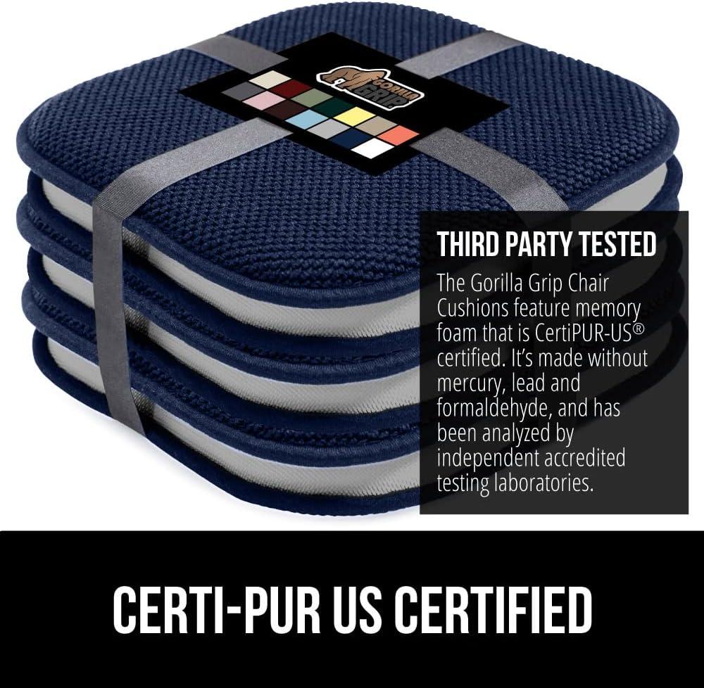 imageGORILLA GRIP Slip Resistant Chair Cushions No Ties Required Memory Foam Pads for Dining Room Kitchen Table Office Rocking Chairs Plush Seat Cover Cushion Pad Home Decor Set of 4 16x16 GreyNavy