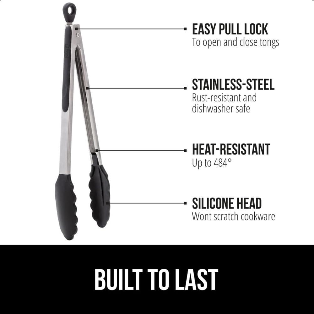imageGORILLA GRIP Stainless Steel Heat Resistant Kitchen Tongs for Cooking 12 14 Inch Set of 2 BBQ Tong Non Scratch Silicone Tip for Pan Strong Grip Grab Food Toss Salad Air Fryer Pull Lock BlackBlack Gray Blue