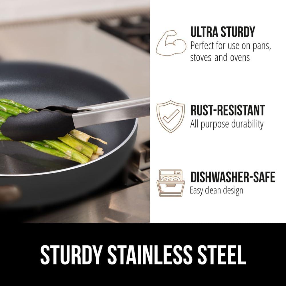 imageGORILLA GRIP Stainless Steel Heat Resistant Kitchen Tongs for Cooking 12 14 Inch Set of 2 BBQ Tong Non Scratch Silicone Tip for Pan Strong Grip Grab Food Toss Salad Air Fryer Pull Lock BlackBlack Gray Blue