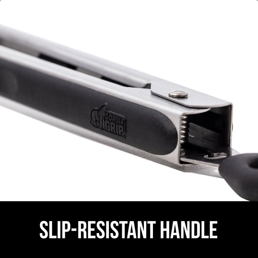 imageGORILLA GRIP Stainless Steel Heat Resistant Kitchen Tongs for Cooking 12 14 Inch Set of 2 BBQ Tong Non Scratch Silicone Tip for Pan Strong Grip Grab Food Toss Salad Air Fryer Pull Lock BlackBlack Gray Blue