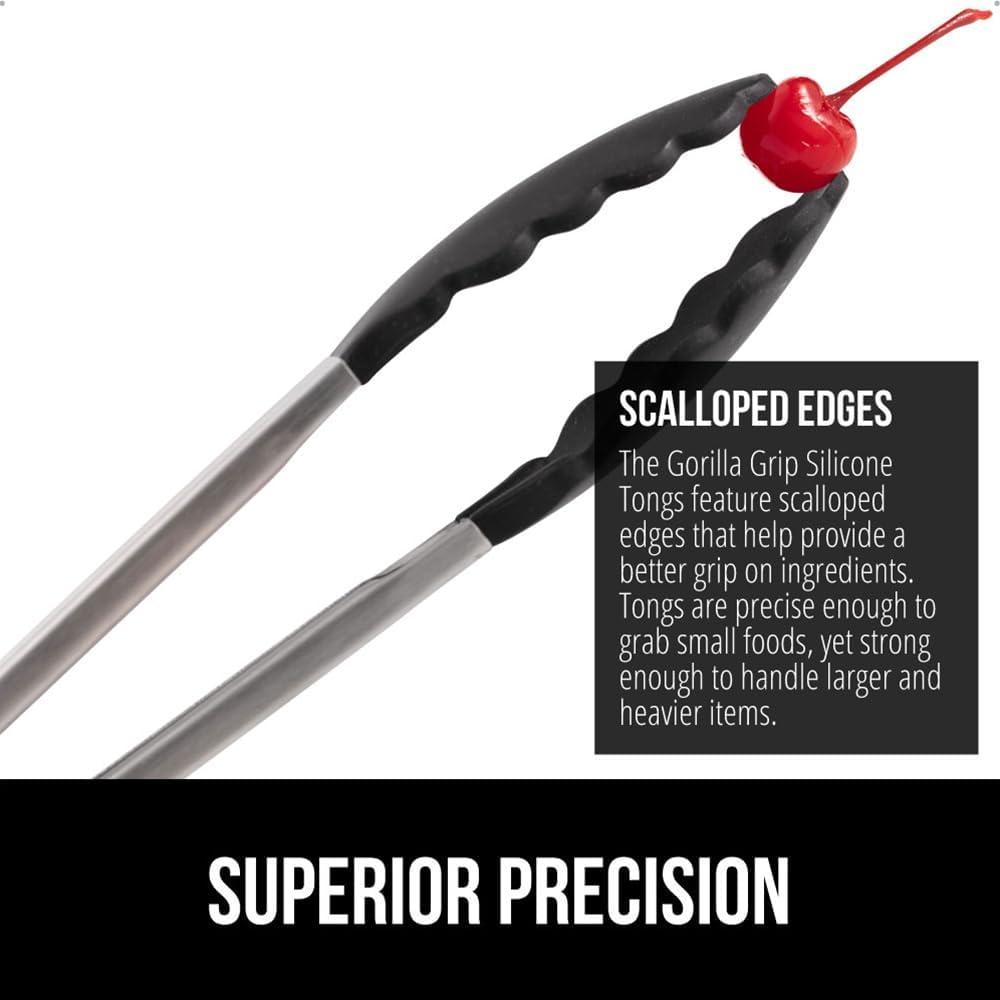 imageGORILLA GRIP Stainless Steel Heat Resistant Kitchen Tongs for Cooking 12 14 Inch Set of 2 BBQ Tong Non Scratch Silicone Tip for Pan Strong Grip Grab Food Toss Salad Air Fryer Pull Lock BlackBlack Gray Blue