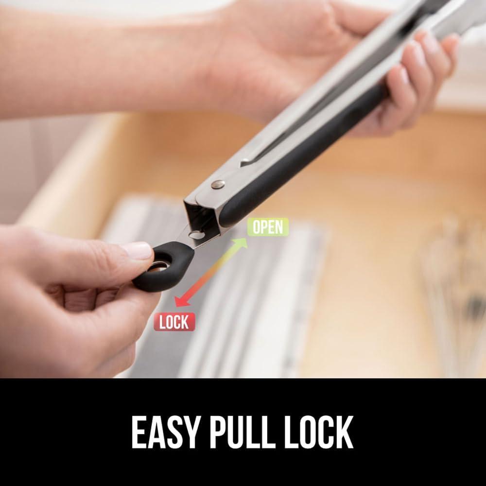 imageGORILLA GRIP Stainless Steel Heat Resistant Kitchen Tongs for Cooking 12 14 Inch Set of 2 BBQ Tong Non Scratch Silicone Tip for Pan Strong Grip Grab Food Toss Salad Air Fryer Pull Lock BlackBlack Gray Blue