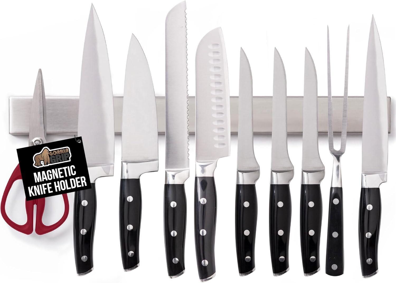imageGORILLA GRIP Stainless Steel Magnetic Knife Holder for Wall 16 in Magnet Bar for Knives Tools Supplies Heavy Duty Metal Strip Holds Up to 6 lb Kitchen Organizer NonAdhesive Drilling RequiredSilver