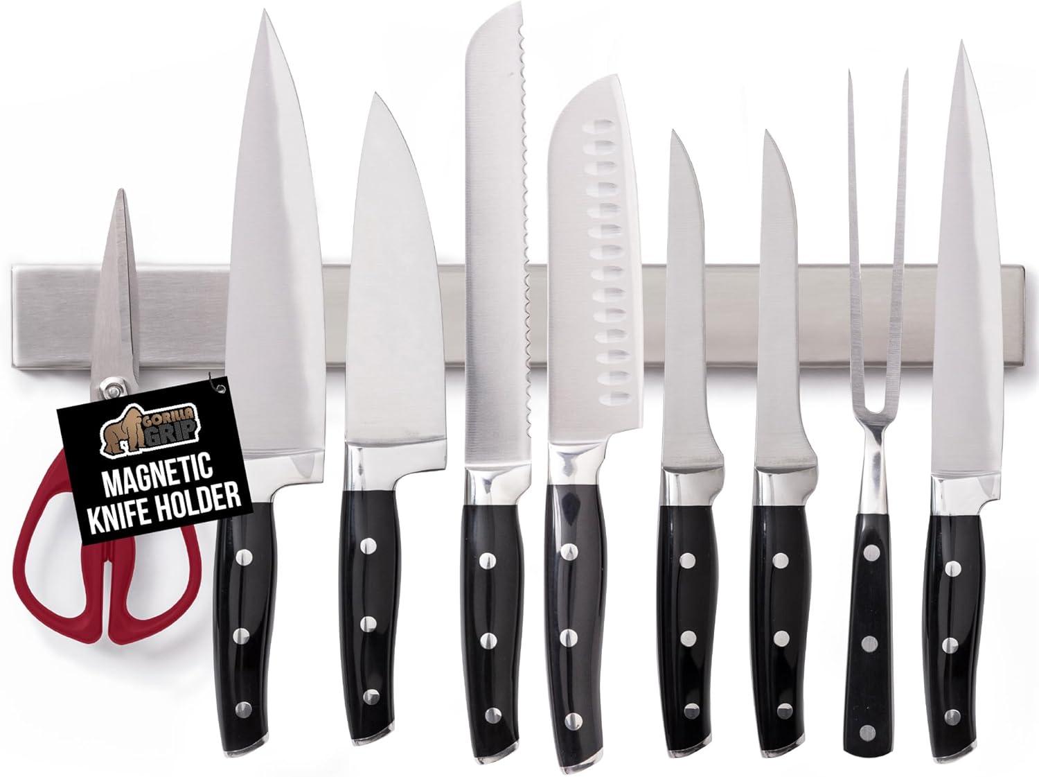 imageGORILLA GRIP Stainless Steel Magnetic Knife Holder for Wall 16 in Magnet Bar for Knives Tools Supplies Heavy Duty Metal Strip Holds Up to 6 lb Kitchen Organizer NonAdhesive Drilling RequiredSilver