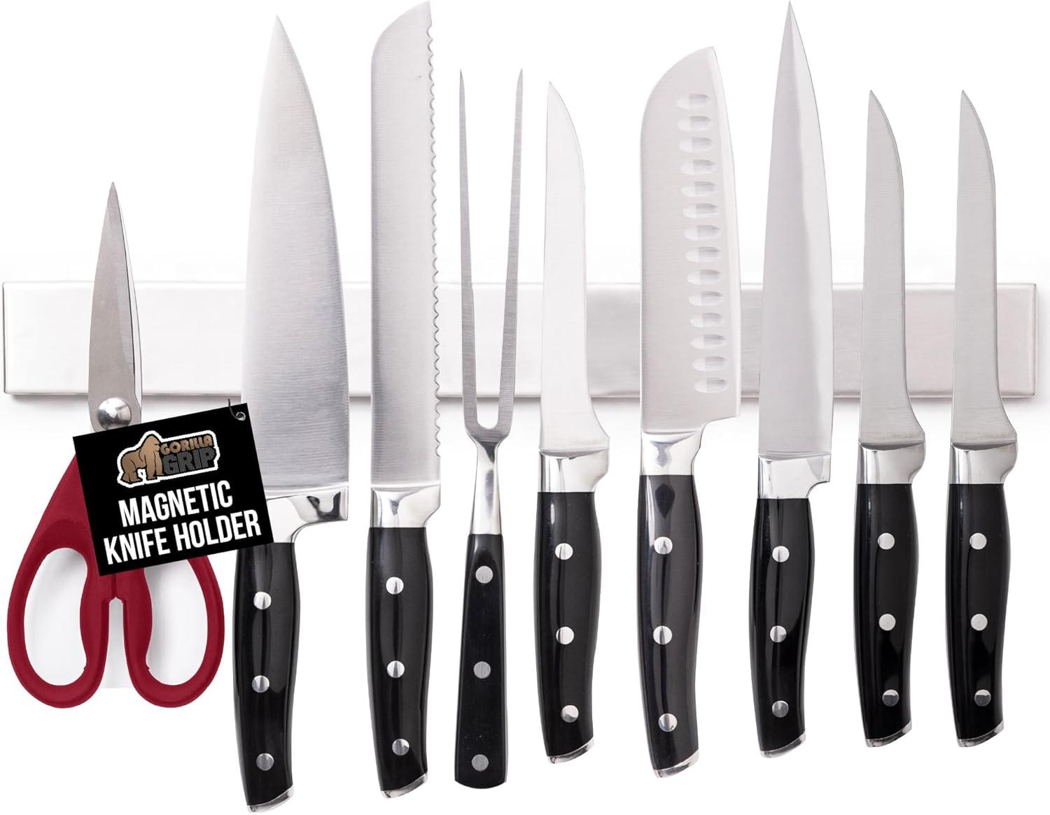 imageGORILLA GRIP Stainless Steel Magnetic Knife Holder for Wall 16 in Magnet Bar for Knives Tools Supplies Heavy Duty Metal Strip Holds Up to 6 lb Kitchen Organizer NonAdhesive Drilling RequiredSilver