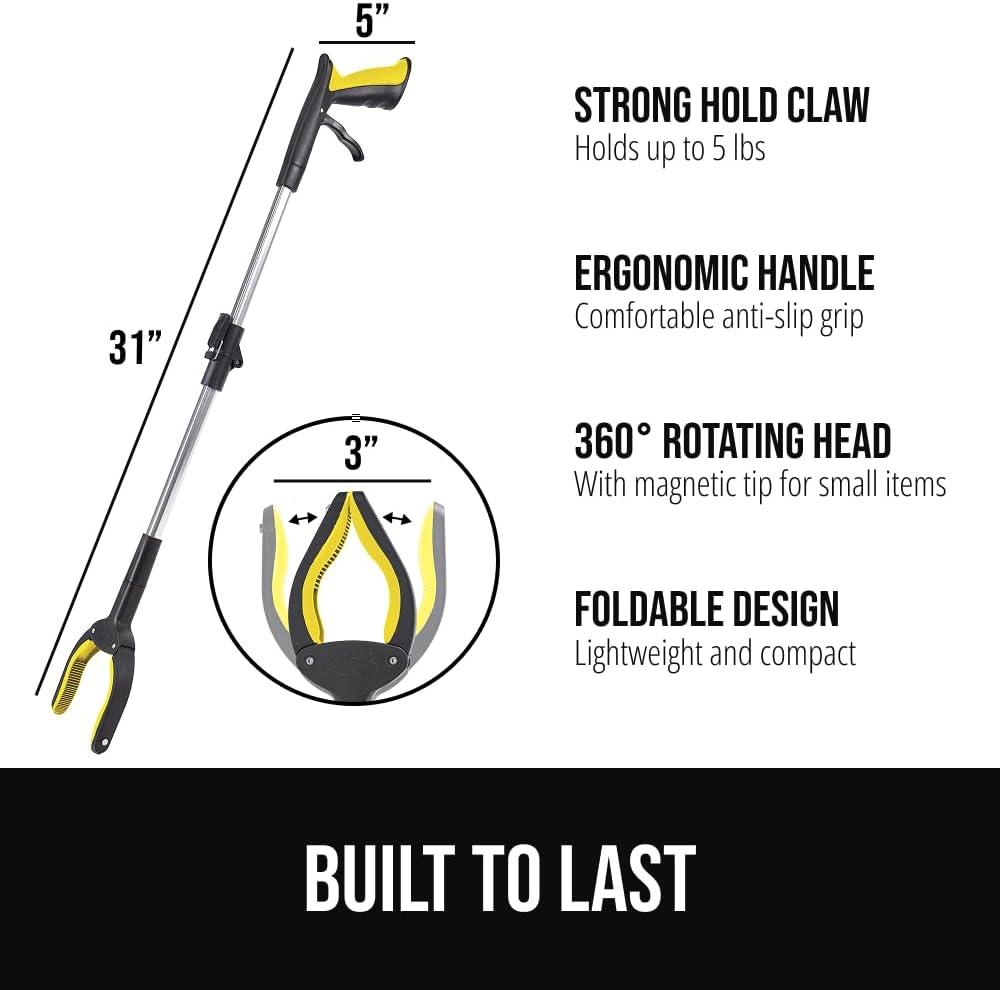 imageGORILLA GRIP Strong Rubber Lined Claw Grabber Ergonomic AntiSlip Reacher Tool for Seniors 360 Magnetic Rotating Head Reaching Pick Up Stick Foldable Trash Picker Handicap Gripper YellowYellow