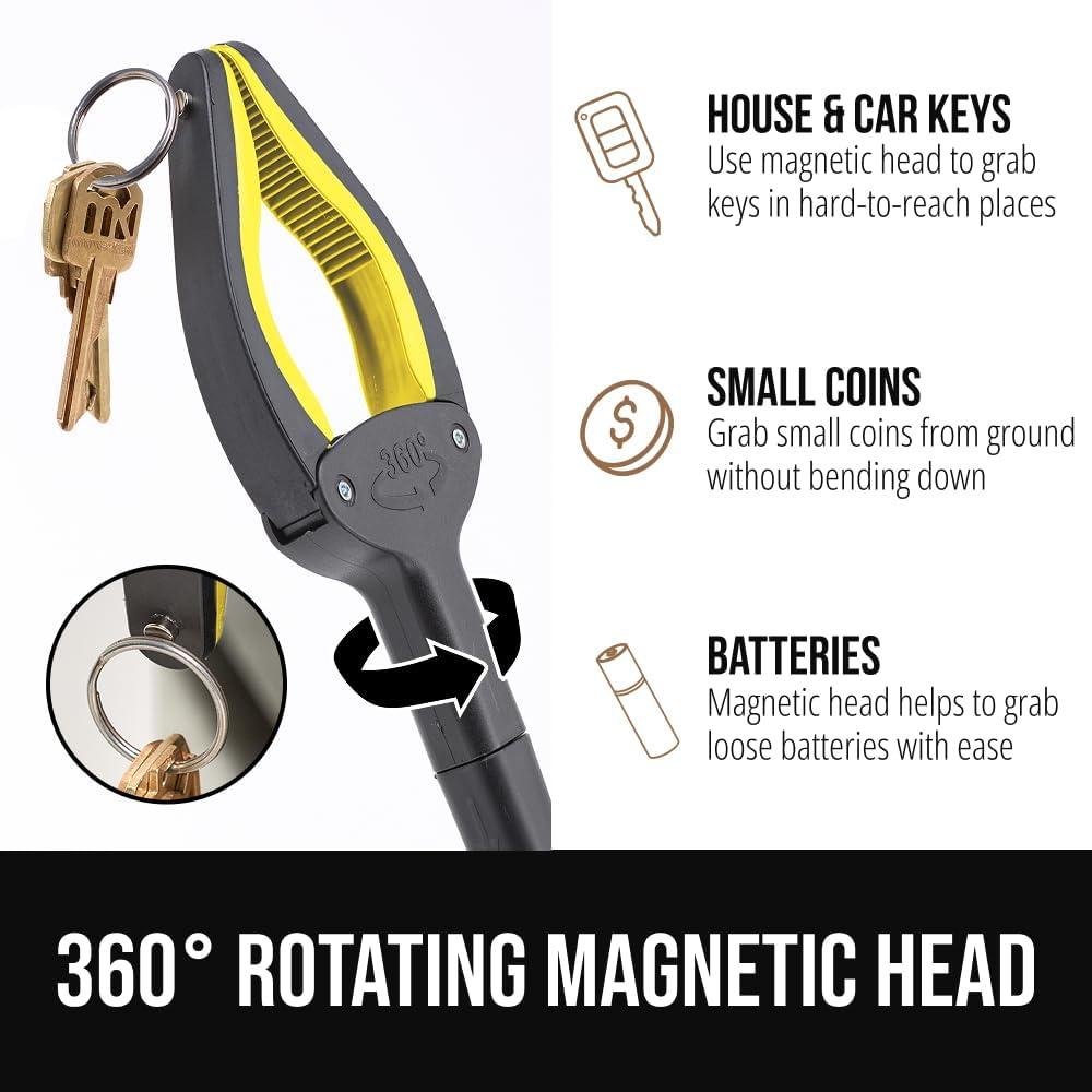 imageGORILLA GRIP Strong Rubber Lined Claw Grabber Ergonomic AntiSlip Reacher Tool for Seniors 360 Magnetic Rotating Head Reaching Pick Up Stick Foldable Trash Picker Handicap Gripper YellowYellow