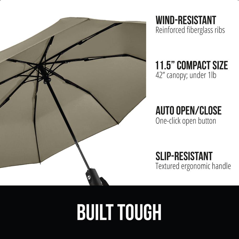 imageGORILLA GRIP Strong Windproof Stick Compact Umbrella for Rain OneClick Automatic Open and Close Durable Quick Dry Waterproof Material Lightweight and Portable Travel Size Fits Backpack BlackBeige