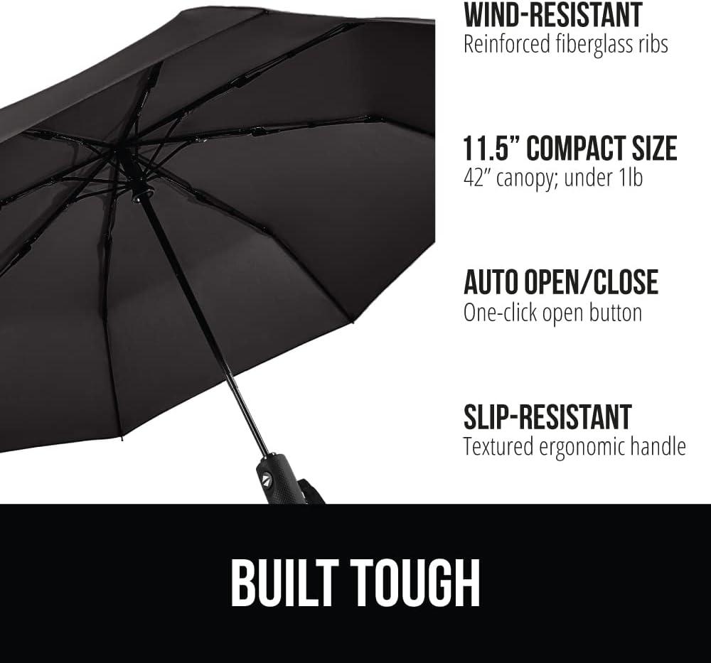imageGORILLA GRIP Strong Windproof Stick Compact Umbrella for Rain OneClick Automatic Open and Close Durable Quick Dry Waterproof Material Lightweight and Portable Travel Size Fits Backpack BlackBlack Gray