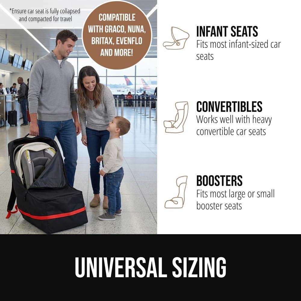 imageGORILLA GRIP Tear and Water Resistant Padded Car Seat Travel Bag for Airplane and Airport Universal Fit Baby Carseat Bags Holds Up to 50lbs Handle amp Shoulder Straps Air Gate Check Carrier GreenRed