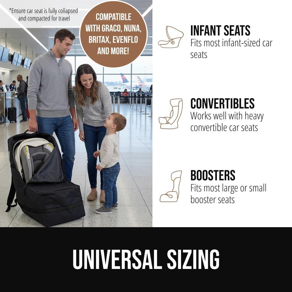 imageGORILLA GRIP Tear and Water Resistant Padded Car Seat Travel Bag for Airplane and Airport Universal Fit Baby Carseat Bags Holds Up to 50lbs Handle amp Shoulder Straps Air Gate Check Carrier GreenBlack