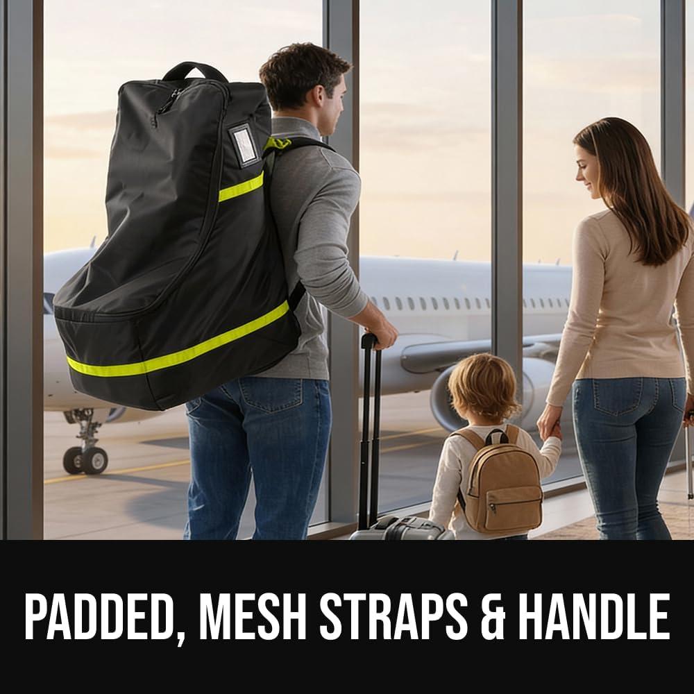 imageGORILLA GRIP Tear and Water Resistant Padded Car Seat Travel Bag for Airplane and Airport Universal Fit Baby Carseat Bags Holds Up to 50lbs Handle amp Shoulder Straps Air Gate Check Carrier GreenYellow