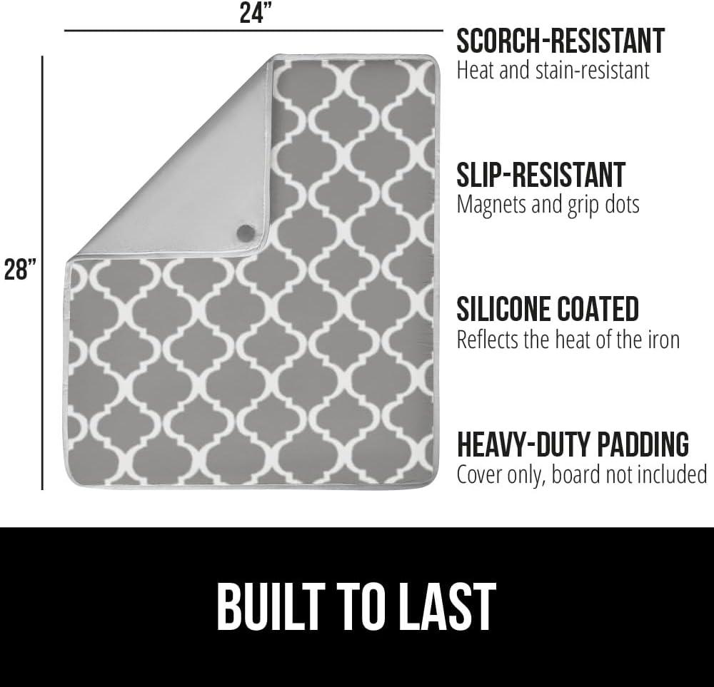 imageGORILLA GRIP The Original Ironing Board Cover and Pad Silicone Coating Thick Scorch Resistant Padding Heavy Duty Iron Covers Standard Boards Hook and Loop Fastener Strap Silver 15x54Quatrefoil GrayWhite