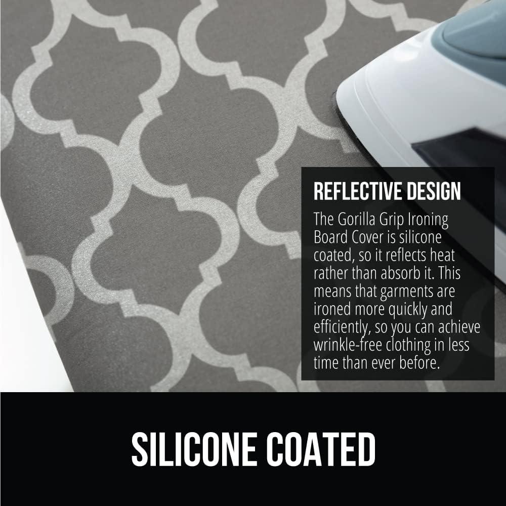 imageGORILLA GRIP The Original Ironing Board Cover and Pad Silicone Coating Thick Scorch Resistant Padding Heavy Duty Iron Covers Standard Boards Hook and Loop Fastener Strap Silver 15x54Quatrefoil GrayWhite