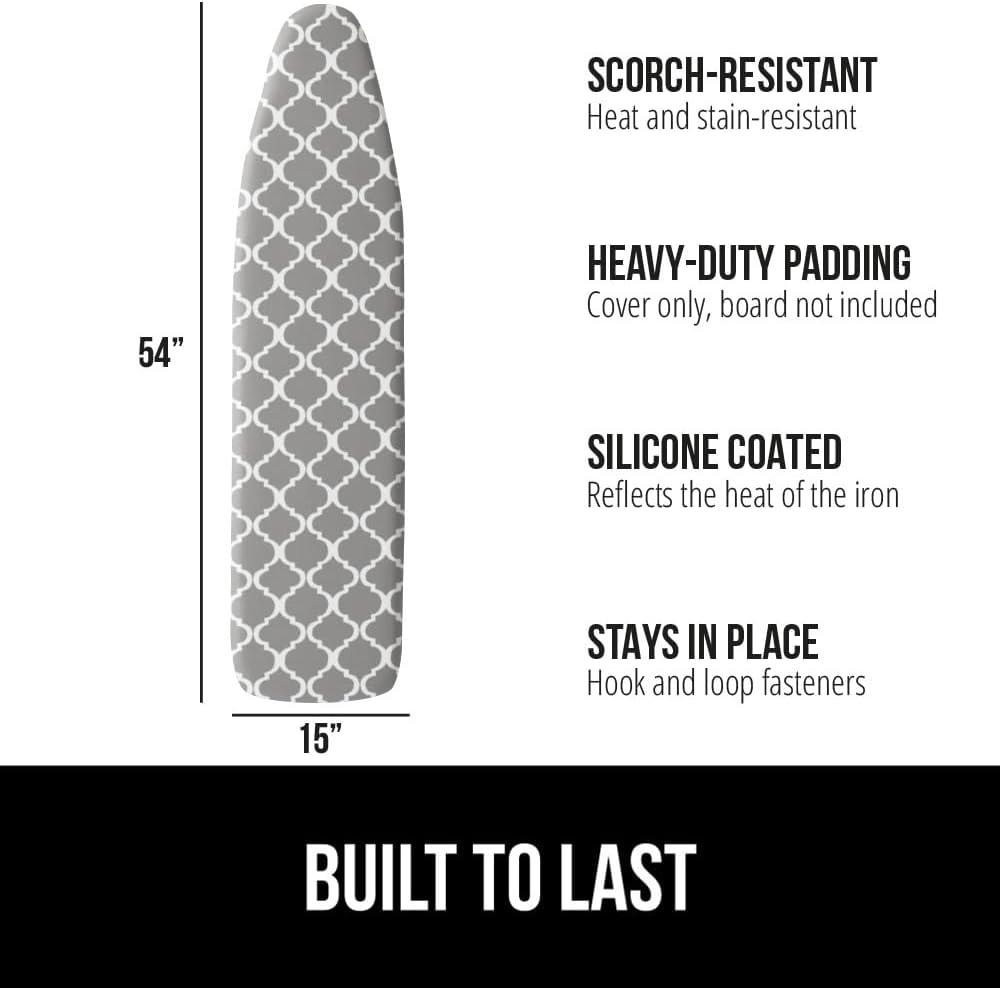 imageGORILLA GRIP The Original Ironing Board Cover and Pad Silicone Coating Thick Scorch Resistant Padding Heavy Duty Iron Covers Standard Boards Hook and Loop Fastener Strap Silver 15x54Quatrefoil GrayWhite