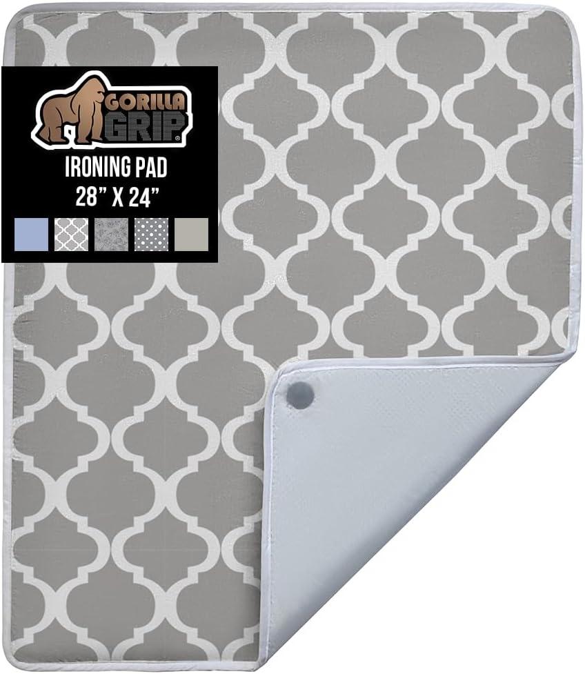 imageGORILLA GRIP The Original Ironing Board Cover and Pad Silicone Coating Thick Scorch Resistant Padding Heavy Duty Iron Covers Standard Boards Hook and Loop Fastener Strap Silver 15x54Quatrefoil GrayWhite