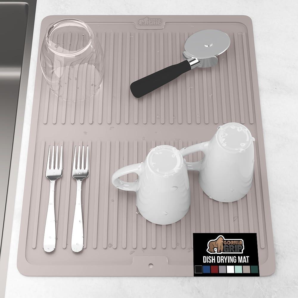 imageGORILLA GRIP Ultra Water Absorbent Microfiber Dish Drying Mat 18x24 Quick Dry Thick Mesh Slip Resistant Pad for Sink Dishes or Under Rack Kitchen Counter Accessories Machine Wash Mats GrayAlmond