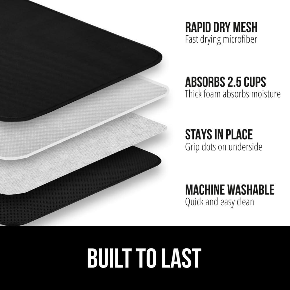imageGORILLA GRIP Ultra Water Absorbent Microfiber Dish Drying Mat 18x24 Quick Dry Thick Mesh Slip Resistant Pad for Sink Dishes or Under Rack Kitchen Counter Accessories Machine Wash Mats GrayBlack