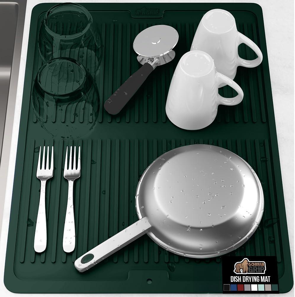 imageGORILLA GRIP Ultra Water Absorbent Microfiber Dish Drying Mat 18x24 Quick Dry Thick Mesh Slip Resistant Pad for Sink Dishes or Under Rack Kitchen Counter Accessories Machine Wash Mats GrayHunter Green