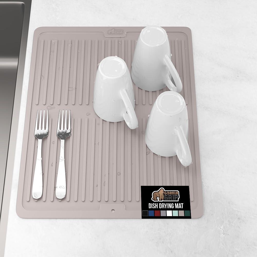imageGORILLA GRIP Ultra Water Absorbent Microfiber Dish Drying Mat 18x24 Quick Dry Thick Mesh Slip Resistant Pad for Sink Dishes or Under Rack Kitchen Counter Accessories Machine Wash Mats GrayAlmond