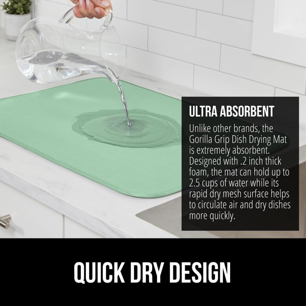 imageGORILLA GRIP Ultra Water Absorbent Microfiber Dish Drying Mat 18x24 Quick Dry Thick Mesh Slip Resistant Pad for Sink Dishes or Under Rack Kitchen Counter Accessories Machine Wash Mats GrayMint
