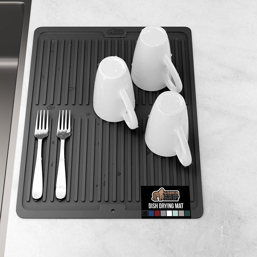 imageGORILLA GRIP Ultra Water Absorbent Microfiber Dish Drying Mat 18x24 Quick Dry Thick Mesh Slip Resistant Pad for Sink Dishes or Under Rack Kitchen Counter Accessories Machine Wash Mats GrayBlack
