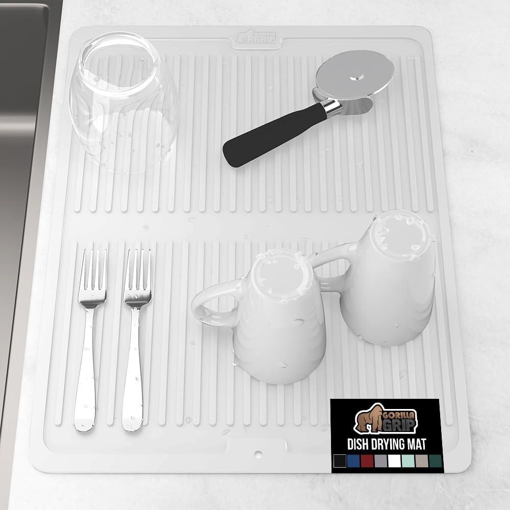 imageGORILLA GRIP Ultra Water Absorbent Microfiber Dish Drying Mat 18x24 Quick Dry Thick Mesh Slip Resistant Pad for Sink Dishes or Under Rack Kitchen Counter Accessories Machine Wash Mats GrayWhite