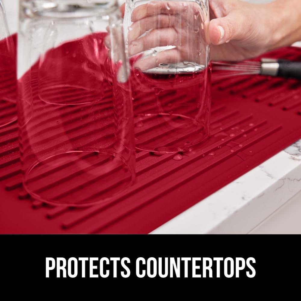 imageGORILLA GRIP Ultra Water Absorbent Microfiber Dish Drying Mat 18x24 Quick Dry Thick Mesh Slip Resistant Pad for Sink Dishes or Under Rack Kitchen Counter Accessories Machine Wash Mats GrayRed