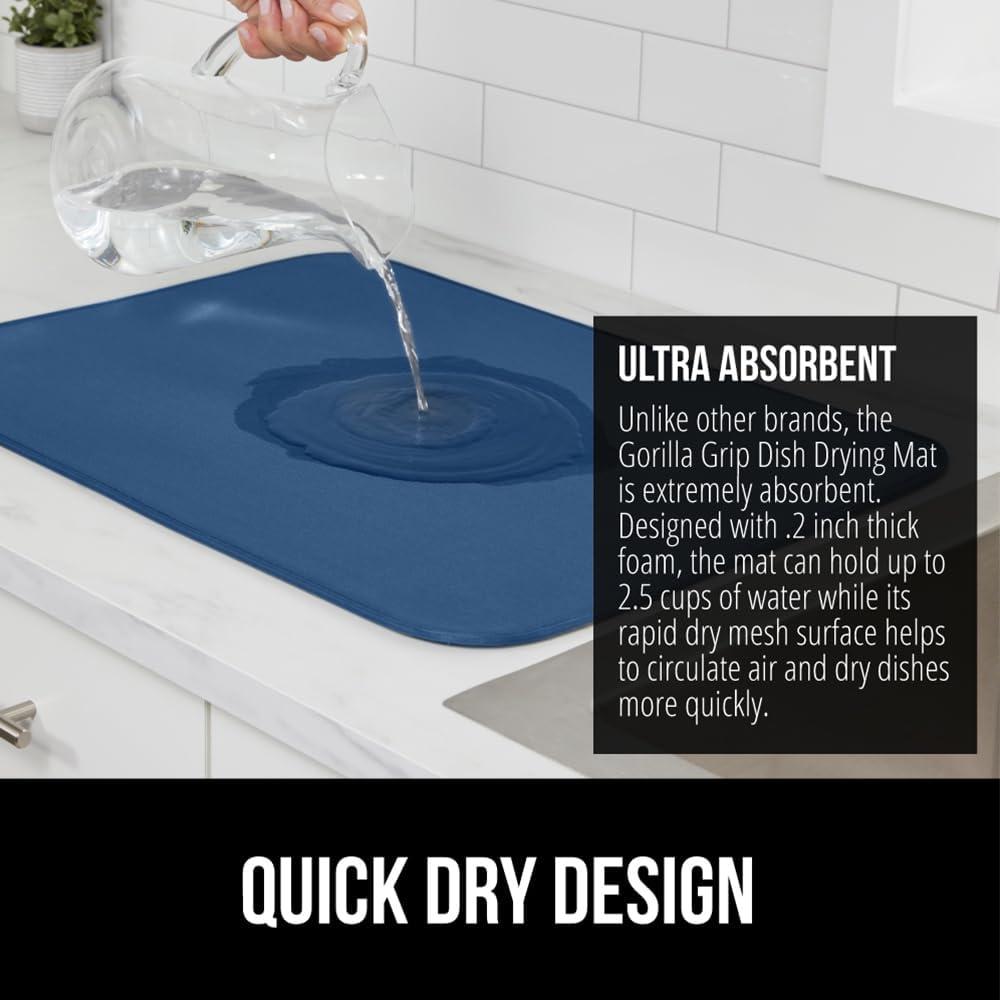 imageGORILLA GRIP Ultra Water Absorbent Microfiber Dish Drying Mat 18x24 Quick Dry Thick Mesh Slip Resistant Pad for Sink Dishes or Under Rack Kitchen Counter Accessories Machine Wash Mats GrayBlue