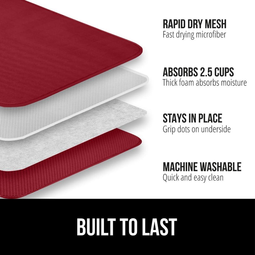 imageGORILLA GRIP Ultra Water Absorbent Microfiber Dish Drying Mat 18x24 Quick Dry Thick Mesh Slip Resistant Pad for Sink Dishes or Under Rack Kitchen Counter Accessories Machine Wash Mats GrayRed