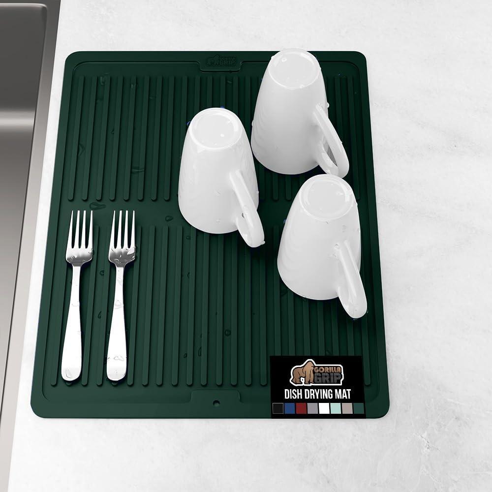 imageGORILLA GRIP Ultra Water Absorbent Microfiber Dish Drying Mat 18x24 Quick Dry Thick Mesh Slip Resistant Pad for Sink Dishes or Under Rack Kitchen Counter Accessories Machine Wash Mats GrayHunter Green