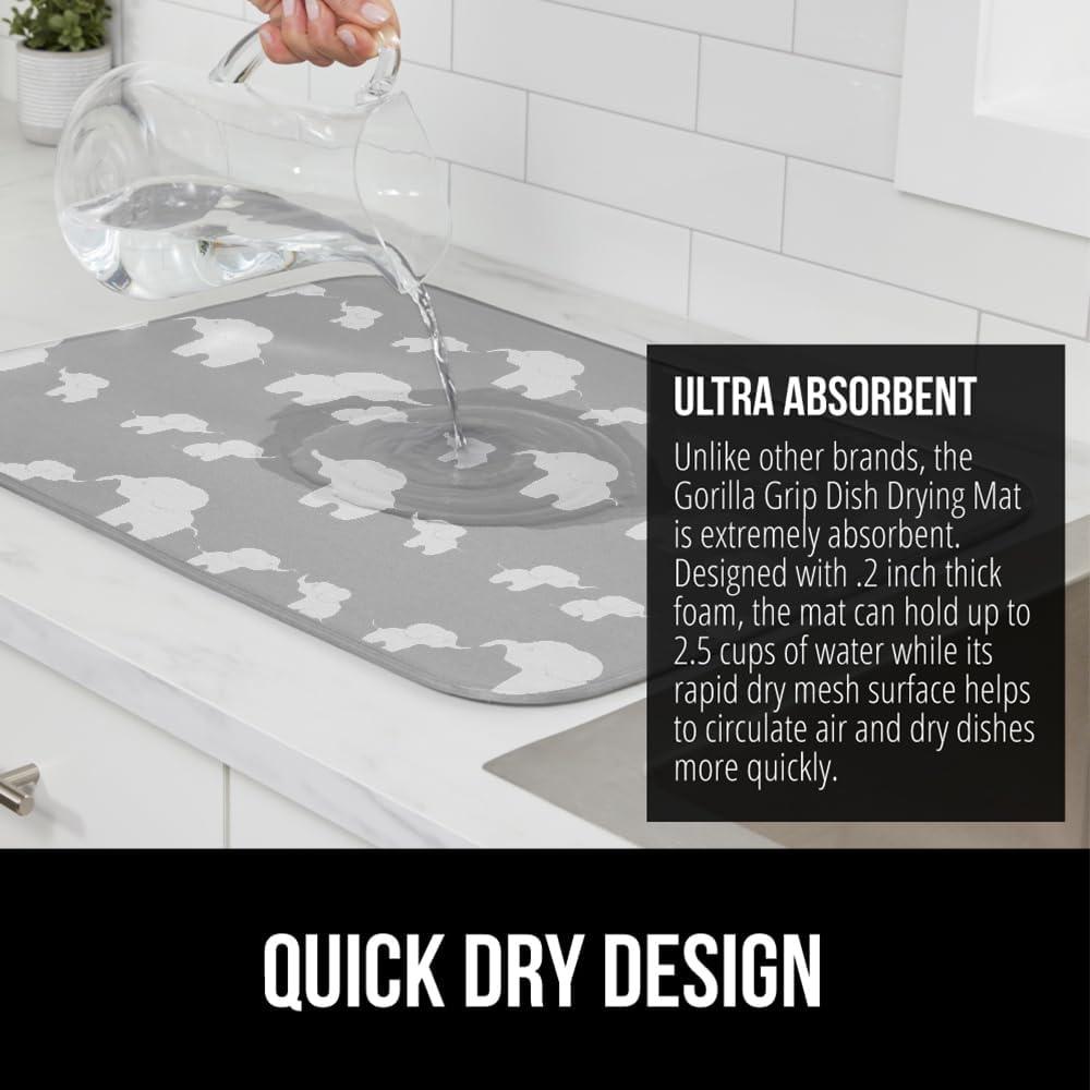 imageGORILLA GRIP Ultra Water Absorbent Microfiber Dish Drying Mat 18x24 Quick Dry Thick Mesh Slip Resistant Pad for Sink Dishes or Under Rack Kitchen Counter Accessories Machine Wash Mats GrayElephants