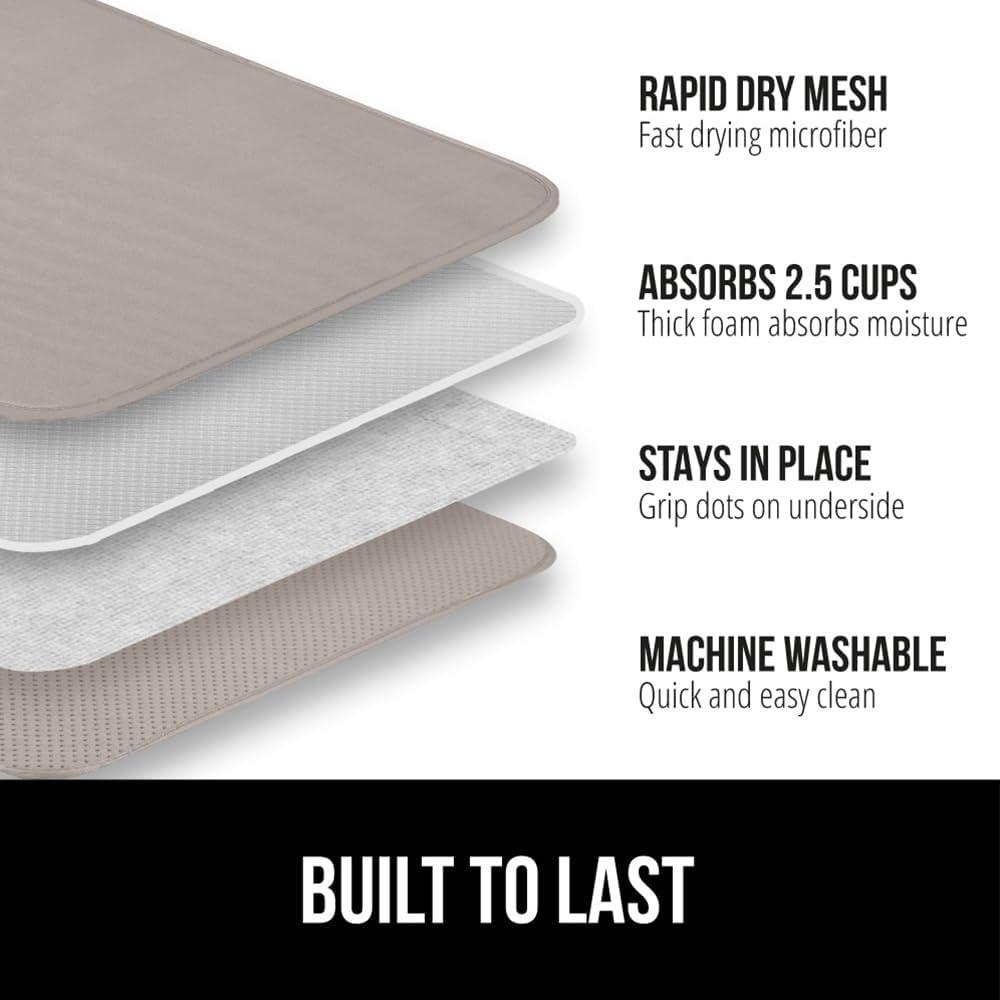 imageGORILLA GRIP Ultra Water Absorbent Microfiber Dish Drying Mat 18x24 Quick Dry Thick Mesh Slip Resistant Pad for Sink Dishes or Under Rack Kitchen Counter Accessories Machine Wash Mats GrayAlmond