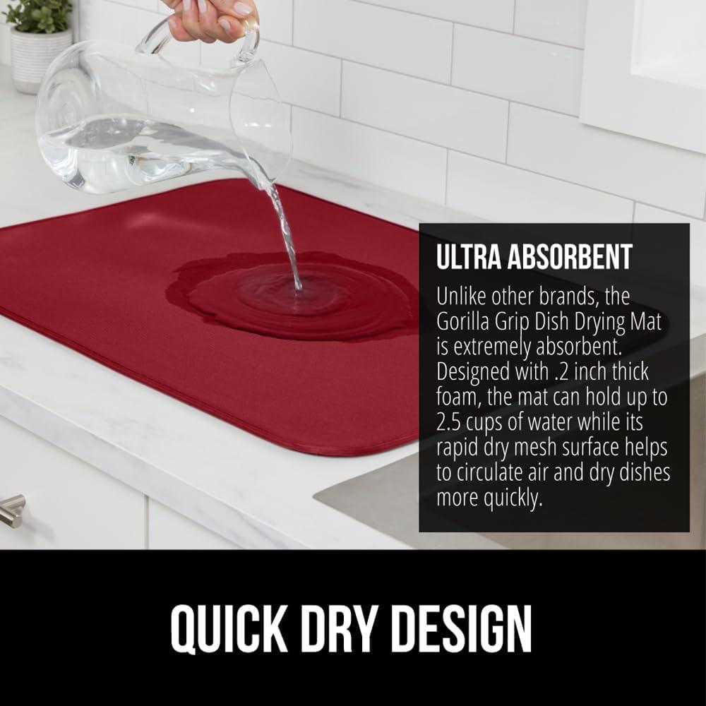imageGORILLA GRIP Ultra Water Absorbent Microfiber Dish Drying Mat 18x24 Quick Dry Thick Mesh Slip Resistant Pad for Sink Dishes or Under Rack Kitchen Counter Accessories Machine Wash Mats GrayRed