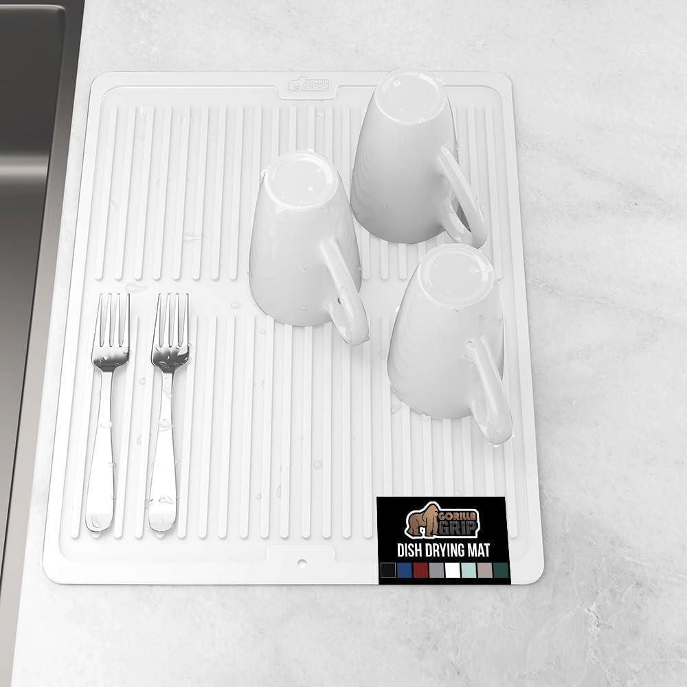 imageGORILLA GRIP Ultra Water Absorbent Microfiber Dish Drying Mat 18x24 Quick Dry Thick Mesh Slip Resistant Pad for Sink Dishes or Under Rack Kitchen Counter Accessories Machine Wash Mats GrayWhite