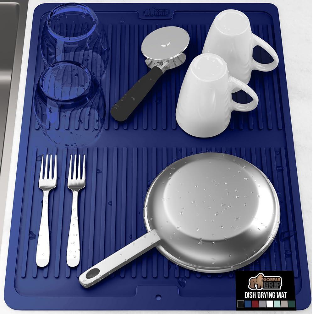 imageGORILLA GRIP Ultra Water Absorbent Microfiber Dish Drying Mat 18x24 Quick Dry Thick Mesh Slip Resistant Pad for Sink Dishes or Under Rack Kitchen Counter Accessories Machine Wash Mats GrayBlue