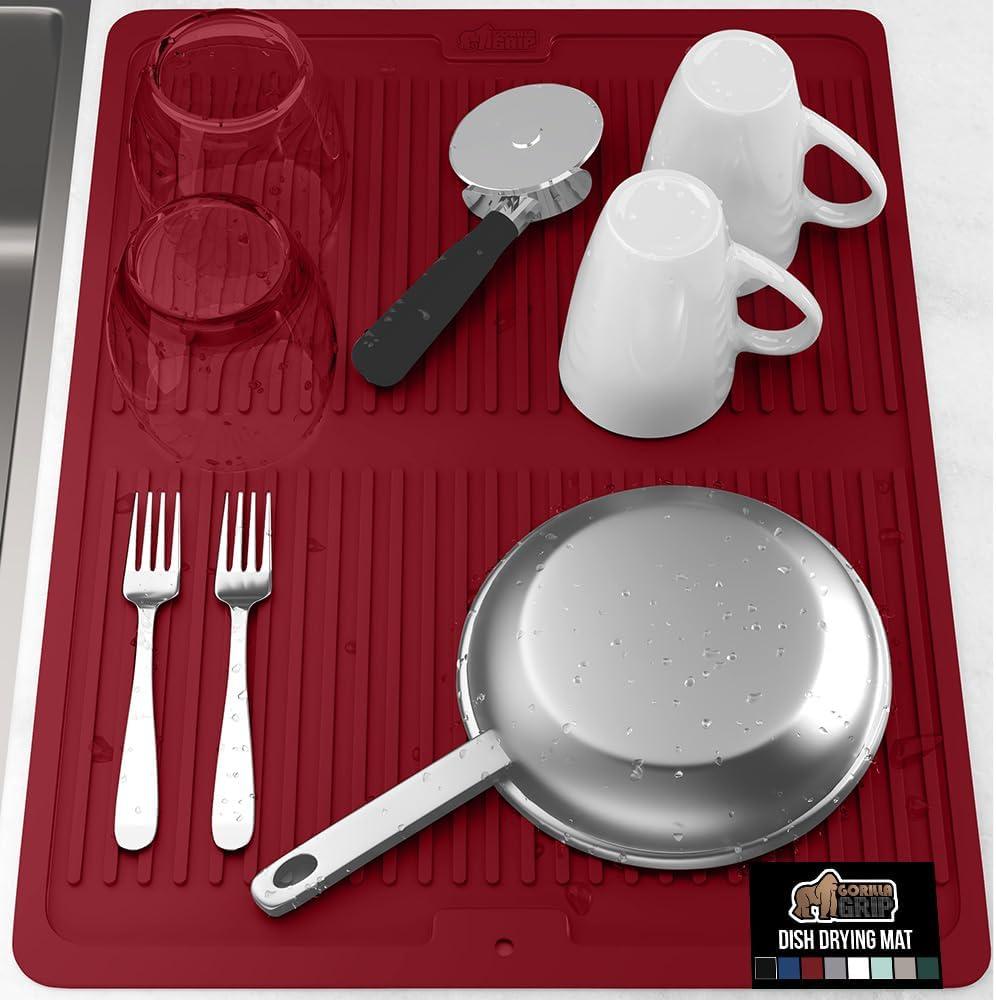 imageGORILLA GRIP Ultra Water Absorbent Microfiber Dish Drying Mat 18x24 Quick Dry Thick Mesh Slip Resistant Pad for Sink Dishes or Under Rack Kitchen Counter Accessories Machine Wash Mats GrayRed